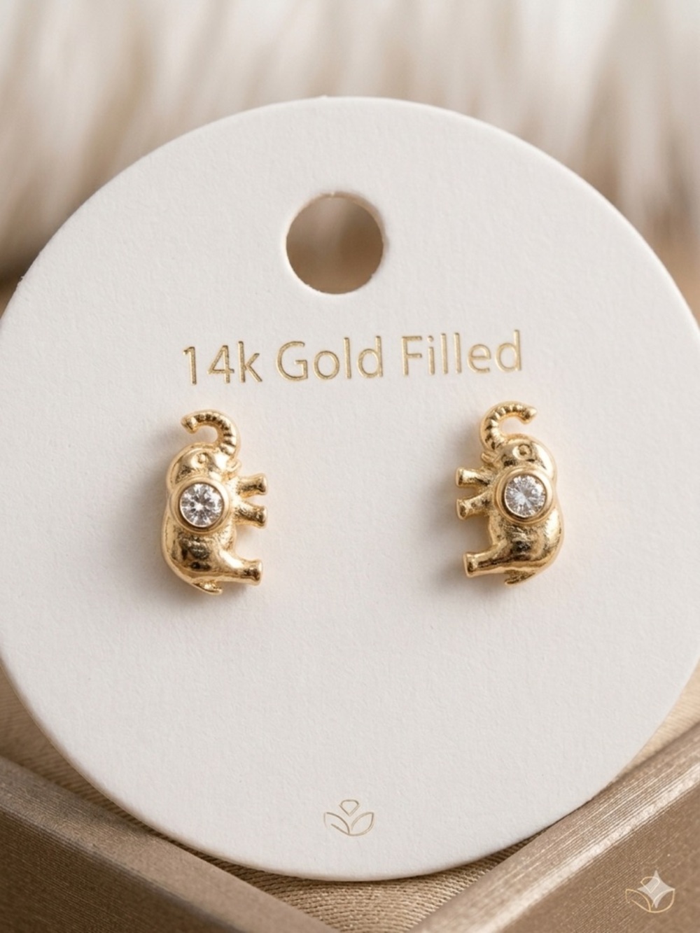 14k Gold Filled Elephant Stud Earrings with Crystal Center